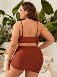 VigoJany 2025 Solid 3 Piece High Waist Skirt Plus Size Swimwear Women Strapped Push Up Swimsuit Backless Summer Bathing Suit