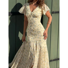 Robe longue fleurie pour femme, col en V, manches à volants, bordure en dentelle, taille haute, en mousseline, style décontracté, idéale pour l'été, les vacances ou le quotidien
