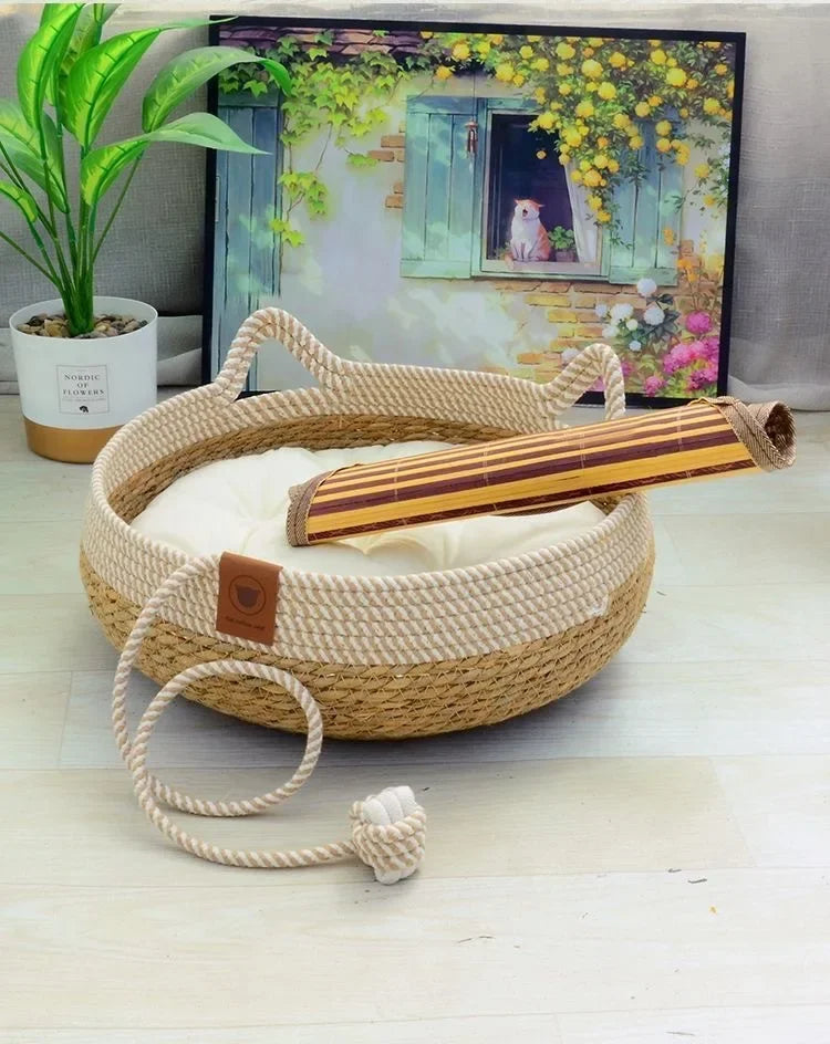 Vine Woven Cat Bed Pet Bed All-weather Comfortable Sleep 35/40cm Cat Bed Circular Cat House Puppy Bed Home Pet Supplies