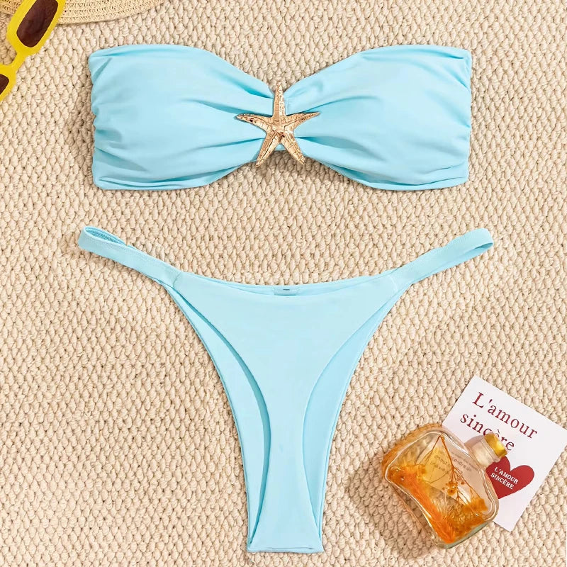 Sky Blue Starfish Thong Bikini Set Push Up Bandeau Two Piece