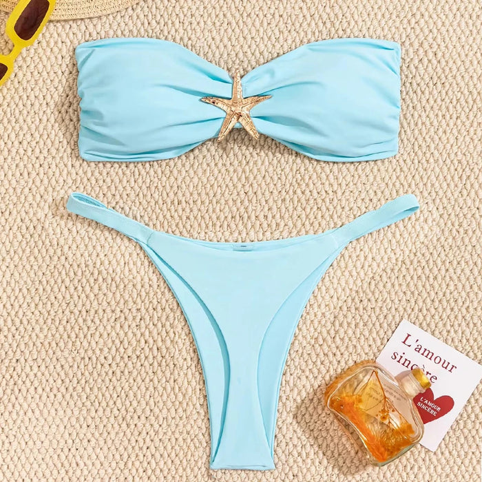 Sky Blue Starfish Thong Bikini Set Push Up Bandeau Two Piece