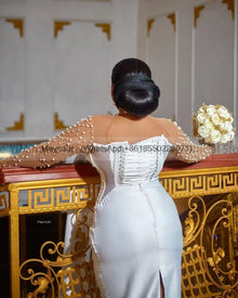 Pearls Wedding Dresses for Bride 2025 Sheer Neck Long Sleeve Lace up Closure Ankle Length Africa Bridal Gowns Customized