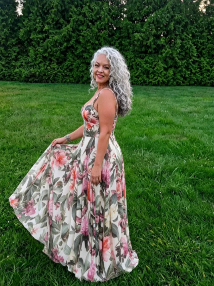 Women's Vacation Maxi Dress Sexy Floral Print Sweetheart Neck Sleeveless Evening Gowns Back Tie Up Robes New Summer Lady Dresses