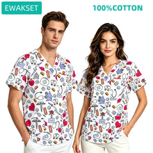 Unisex Printed 100% Cotton Scrub Top and Solid Stretch Pants Medical Uniform for Hospital Staff Nurses Doctor