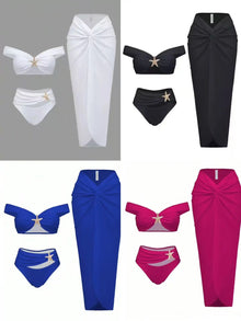 Women's Sexy Bikini Set Beachwear Metallic Starfish Bikini Folds Long Skirts Three Piece Sets Hot Girl Vacation Style Swimsuit