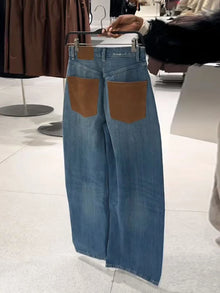 Women Jeans High Waist Pants Wide Leg Jean Contrast Brown Leather Patch Pockets Fit Casual Denim Trousers Spring Woman Clothes