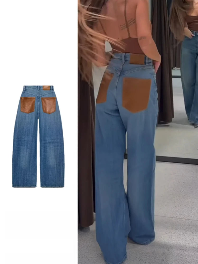 Women Jeans High Waist Pants Wide Leg Jean Contrast Brown Leather Patch Pockets Fit Casual Denim Trousers Spring Woman Clothes