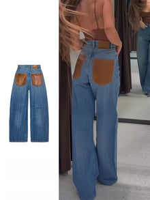 Women Jeans High Waist Pants Wide Leg Jean Contrast Brown Leather Patch Pockets Fit Casual Denim Trousers Spring Woman Clothes