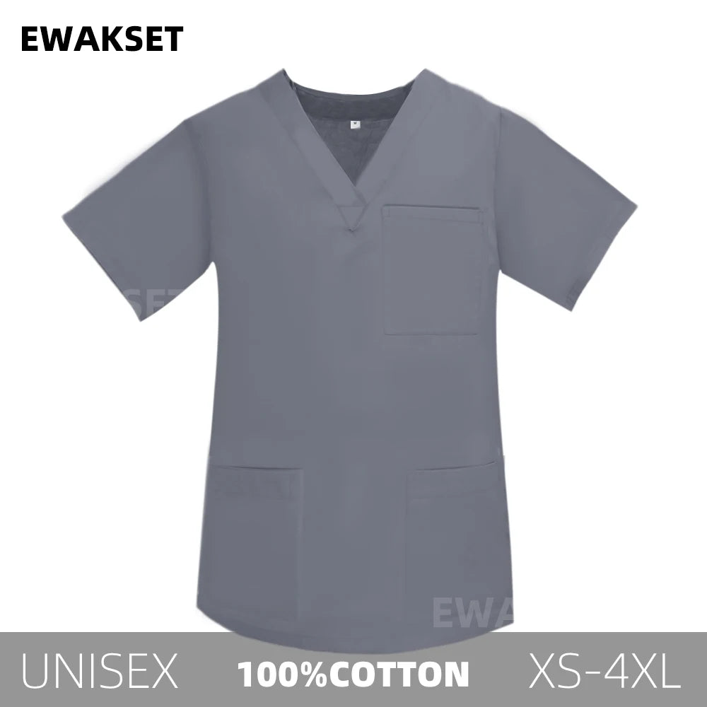 Unisex Solid Surgical Top 100% Cotton Shirt medical Uniforms Short Sleeve V-neck 3 Pocket Scrub Tops for Women Men