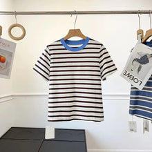 High Quality 2026 Summer New Women Fashion Stripes O-Neck Cotton T-Shirt Ladies Casual Short Sleeve Basic Tees Tops Female