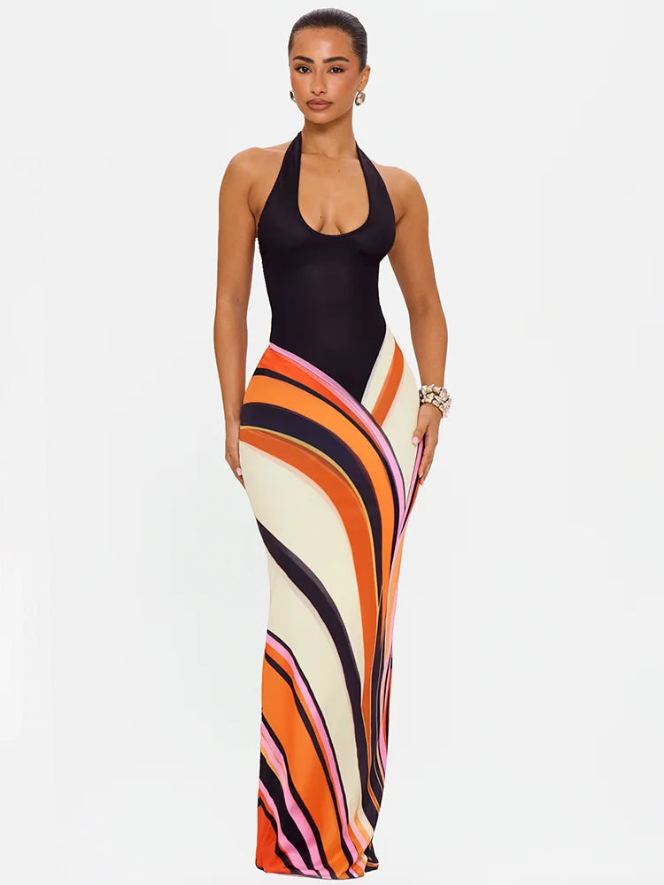 Blifanbo Halter Neck Maxi Dress Women Colorful Swirl Print