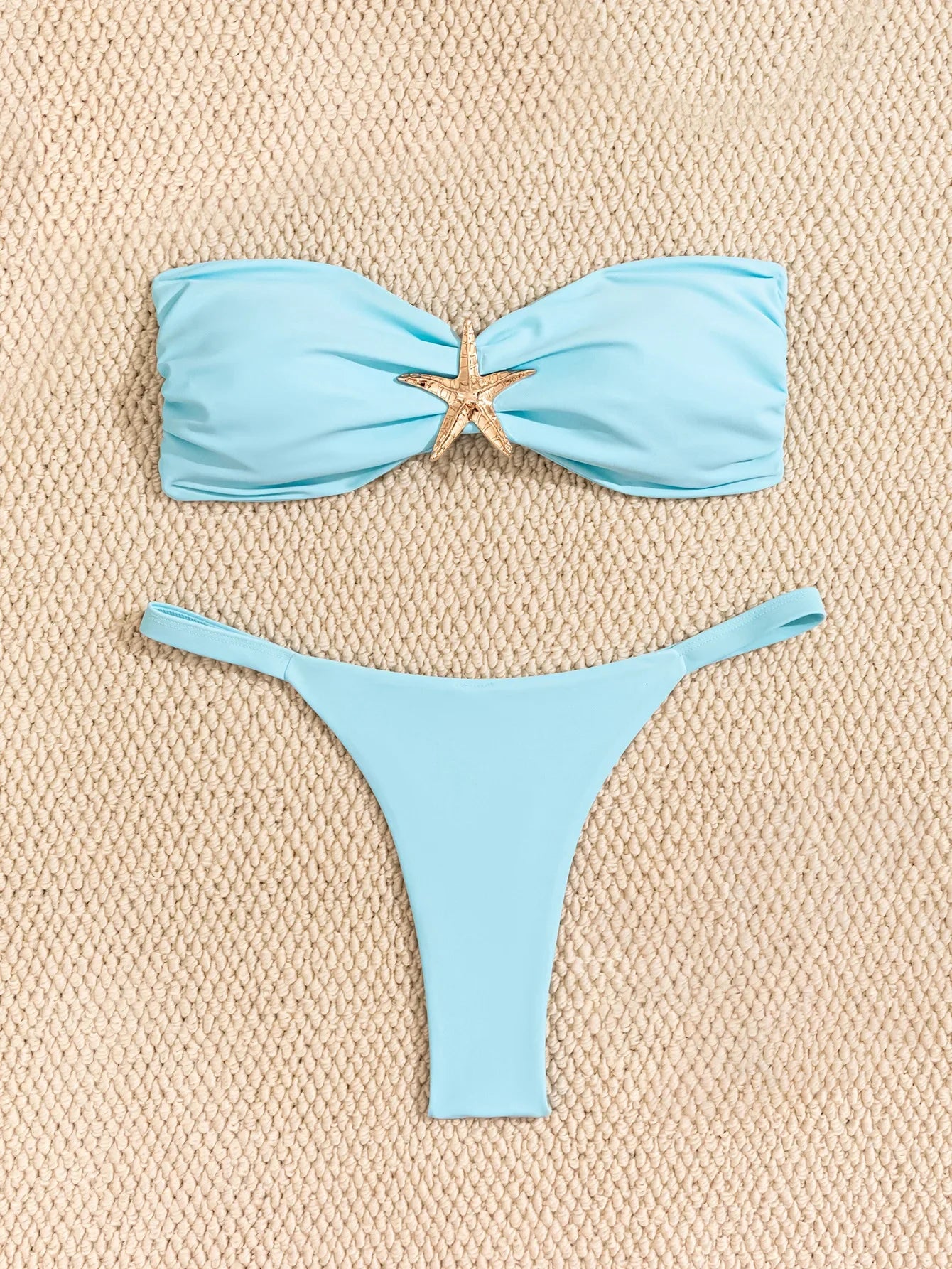 Sky Blue Starfish Thong Bikini Set Push Up Bandeau Two Piece