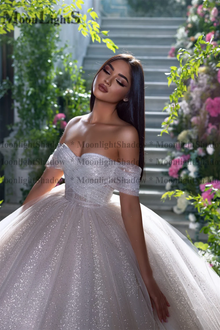 Moonlight Glitter Tulle Wedding Dresses Off Shoulder Shiny Pleated Prom Bridal Gown Sparkly Ball Pageant Customized Bride Gown