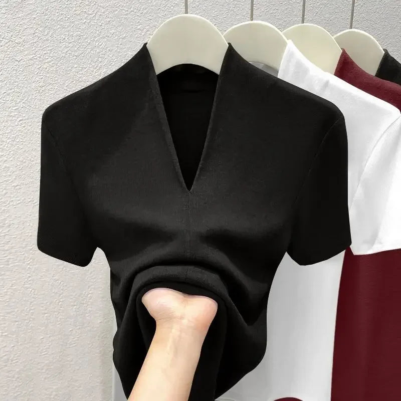 Women Threaded New Summer Short Sleeved Top for Fashion Versatile Base Shirt Plus Size Slim Fit V-neck Casual and Sexy T-shirt