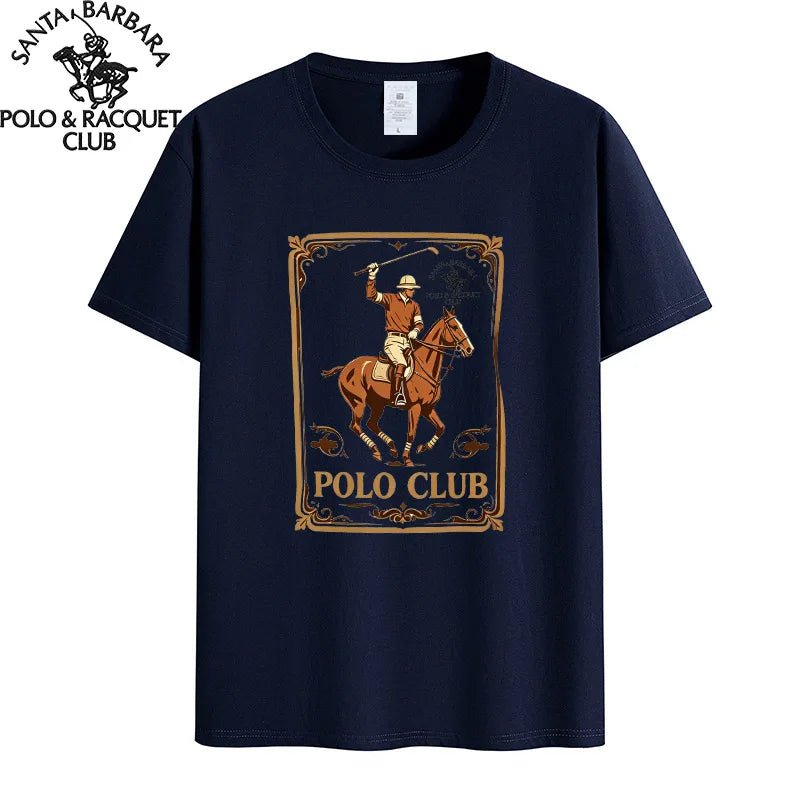 Santa Barbara Polo & Racquet Club Men's T-shirt Vintage Polo Player Print 100% Cotton Casual O-Neck Tee