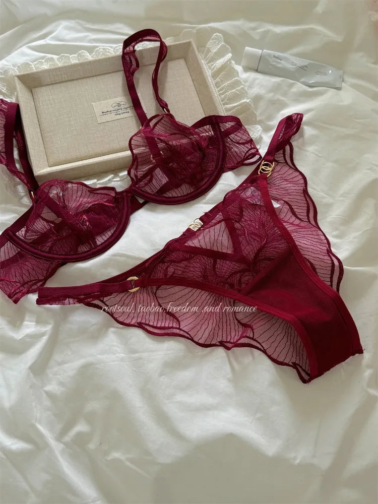 KUCLUTFrenchFlower Embroidery Lace Bra Set Pure Desire Ultra Thin Push Up Wirefree Comfort Romantic Niche Bralette S-XL MOYISU