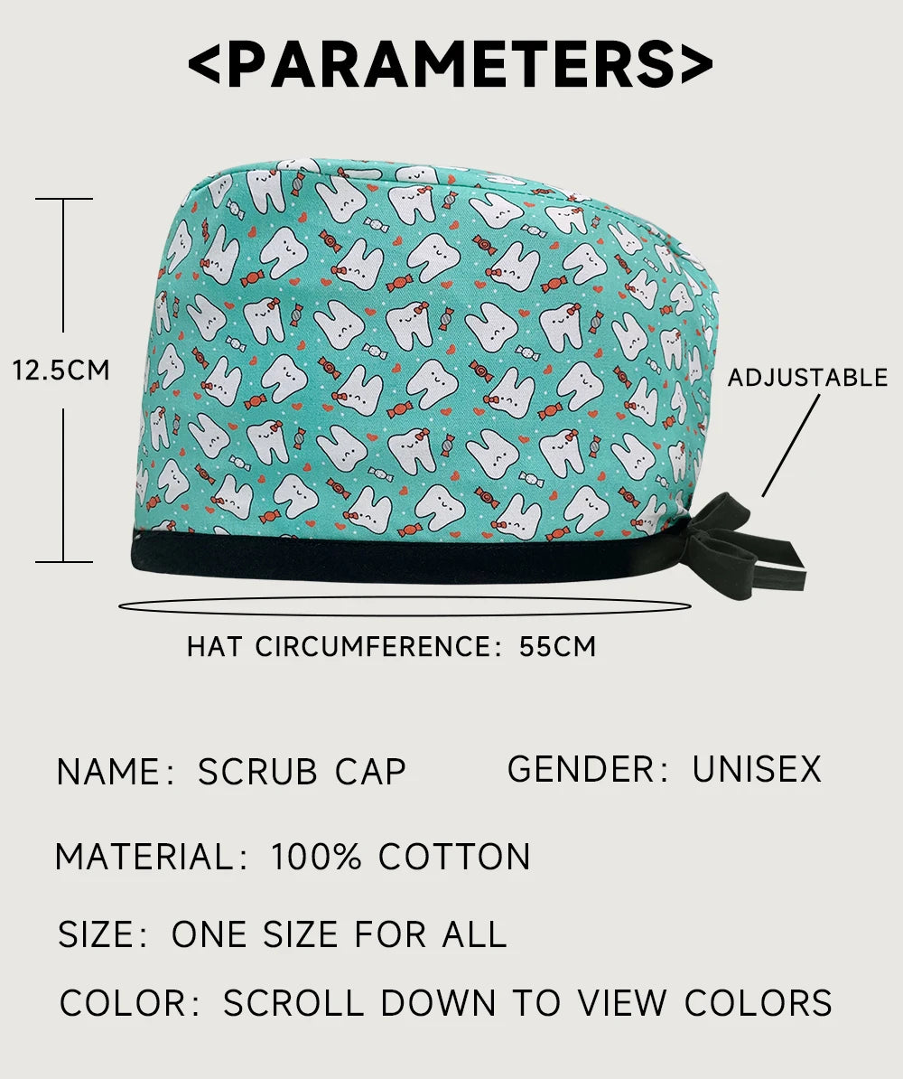 Cartoon Print Medical Scrub Hat Hospital Doctor Work Caps Health Worker Scrub Cap Pet Clinic Nurse Beautician Nursing Scrubs Hat