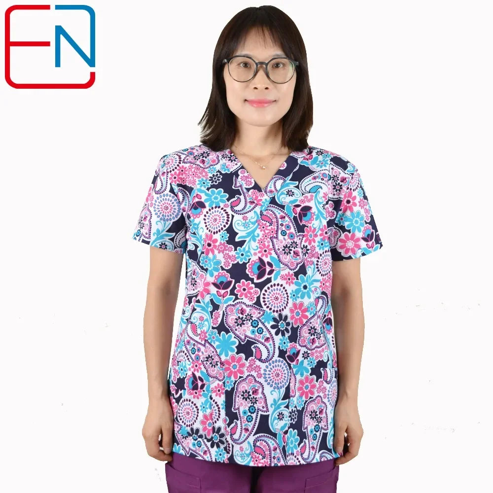 Hennar Print Vet Scrub Uniform For Women In 100% Cotton 4 pockets,XXS-5XL Pet Doctors Medical Scrub Tops