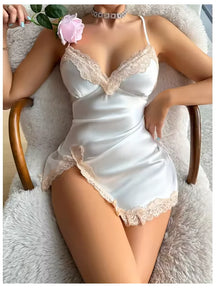Leopard Silk Satin Women Nightgown Sleeveless Side Split Lace Sleepwear V Neck Sexy Nightwear Female Homewear Cloth Pajama Dress