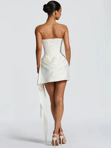 Elegant White Strapless Mini Dress For Women Luxury Corset Ribbon Ruched Short Curvy Dresses Pink Birthday Wedding Guest Summer