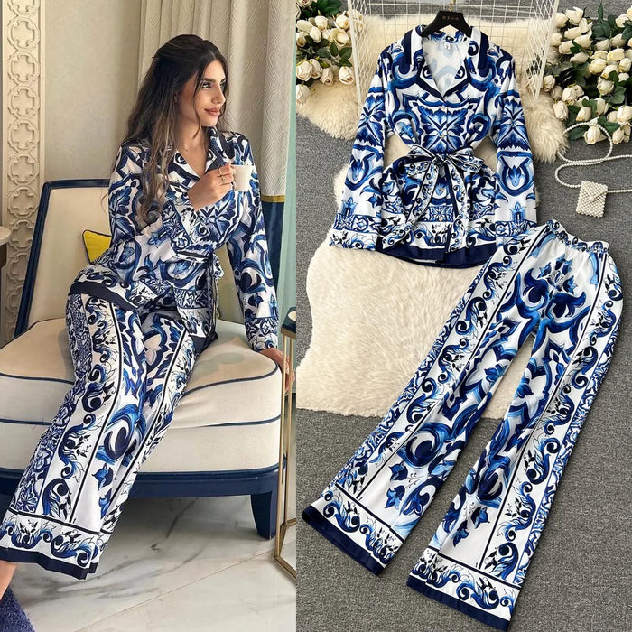 Pant Set Women Two Piece Sets Turn Down Collar Matching Sets Print Casual Loose Tops Wide Leg Long Pants Lace Up High Waist