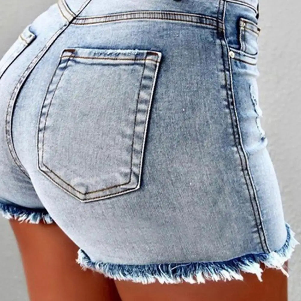 Retro Distressed High Waist Women Shorts With Side Pockets