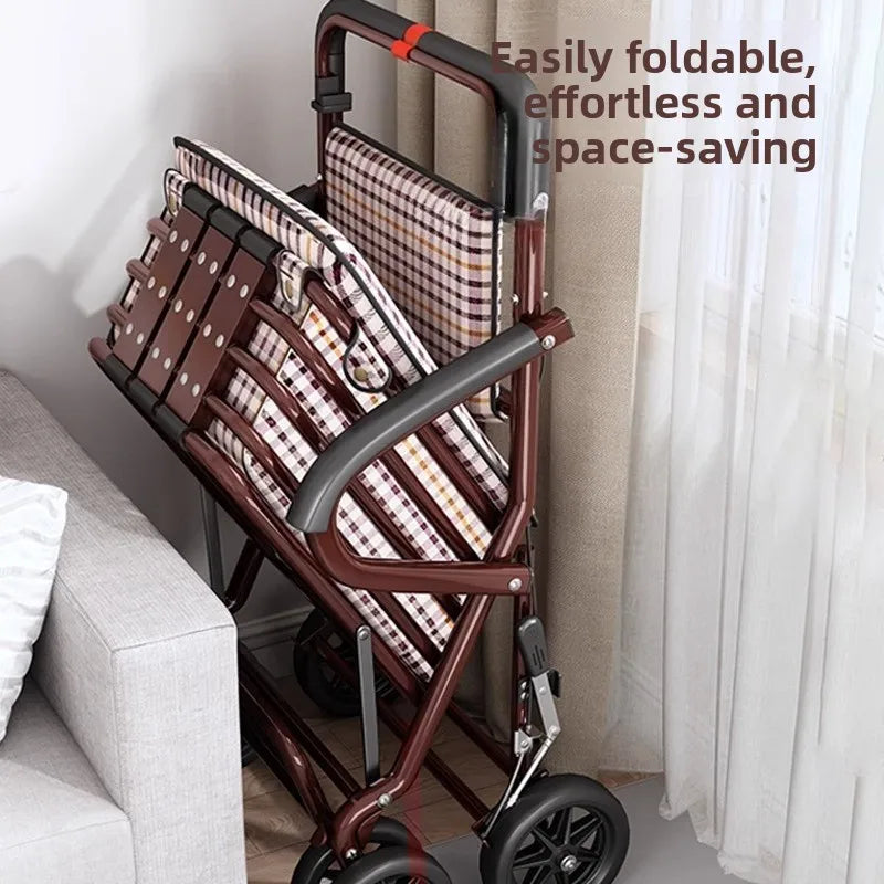 Foldable Shopping Cart with Seat 4 Wheel Walker Push Cart Large Capacity Grocery Trolley for Elderly Outdoor Mobility