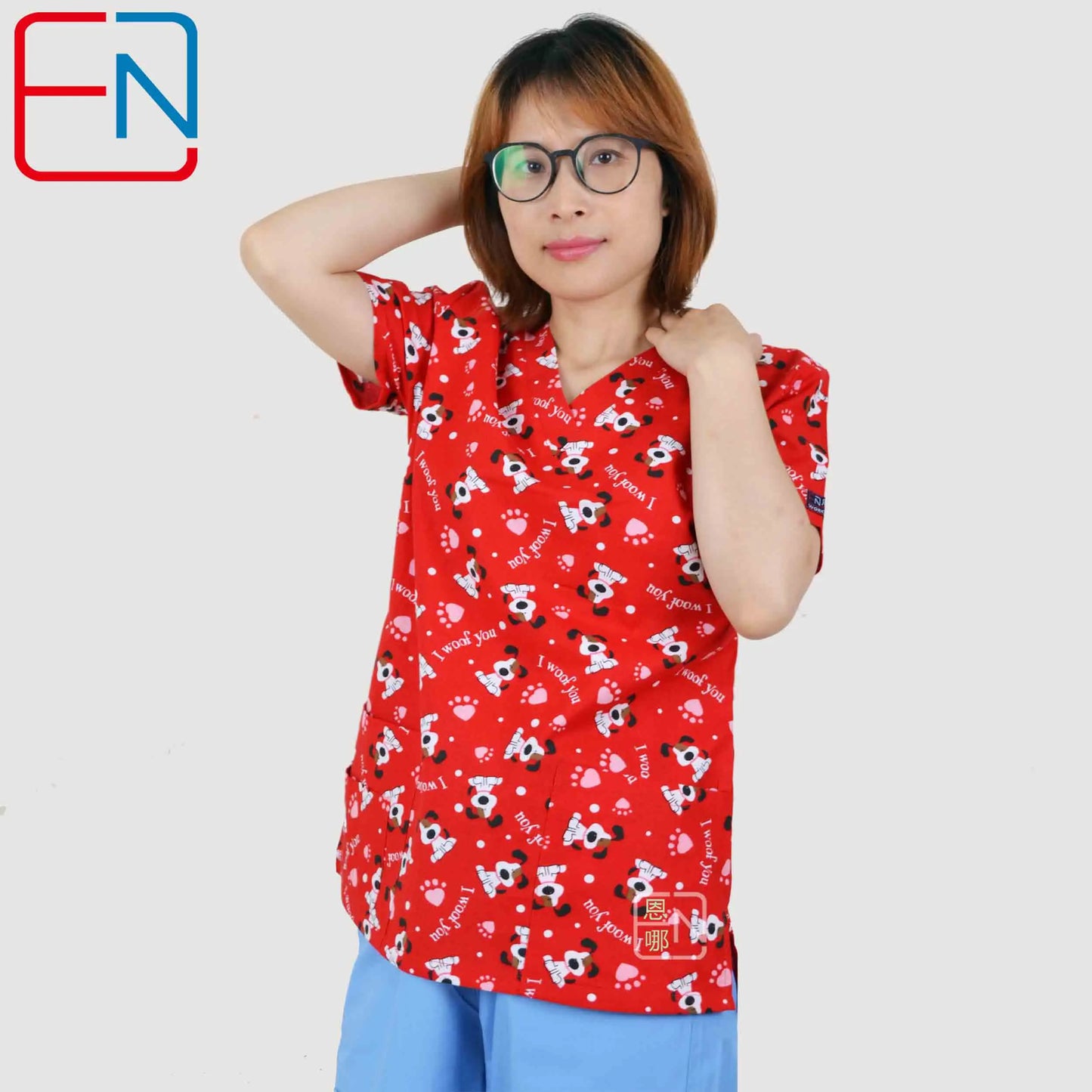 Hennar Print Vet Scrub Uniform For Women In 100% Cotton 4 pockets,XXS-5XL Pet Doctors Medical Scrub Tops