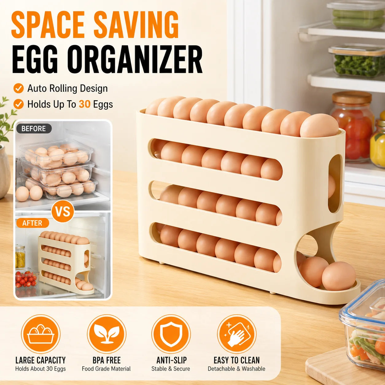 Egg Rack for Refrigerator-Space Saving, Large Capacity, Anti-Slip Open Top Egg Holder, Roll Down Container for Home, Dorm