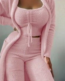 2026 New Luxury Women's Plush Pajamas Set Crop Top+Long Pants+Coat 3 Pieces Suit Homewear Female Matching Sets Warm Pyjamas Pjs