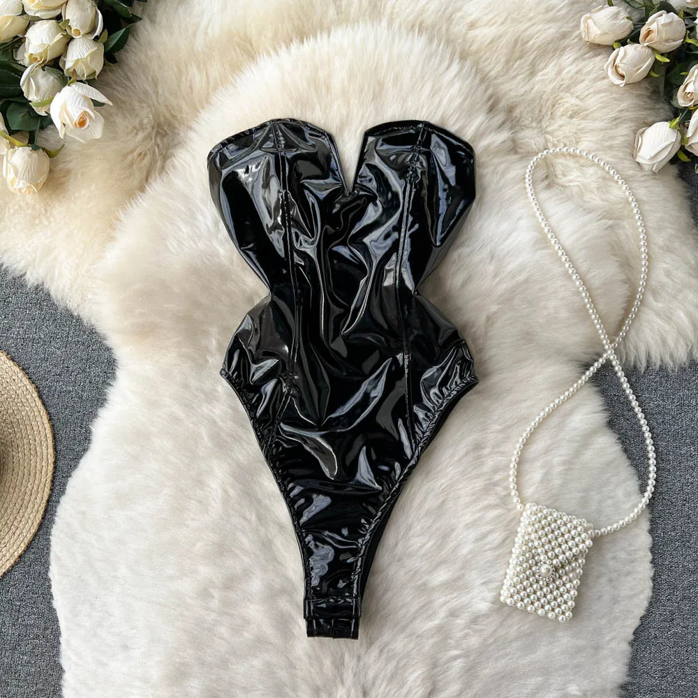 PU Leather Women Bodysuit Zipper Slim Romper Streetwear