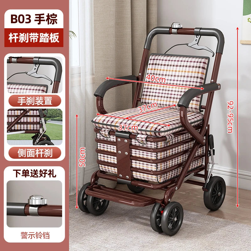 Foldable Shopping Cart with Seat 4 Wheel Walker Push Cart Large Capacity Grocery Trolley for Elderly Outdoor Mobility