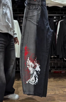 Y2k Vintage Washed Black Personalized Street Jeans Men Skateboarding Gothic Pattern Print Retro Denim Pants Loose Wide Leg Jeans