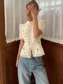 Tossy Lace Cardigan Women Short Sleeve See Through Blouse