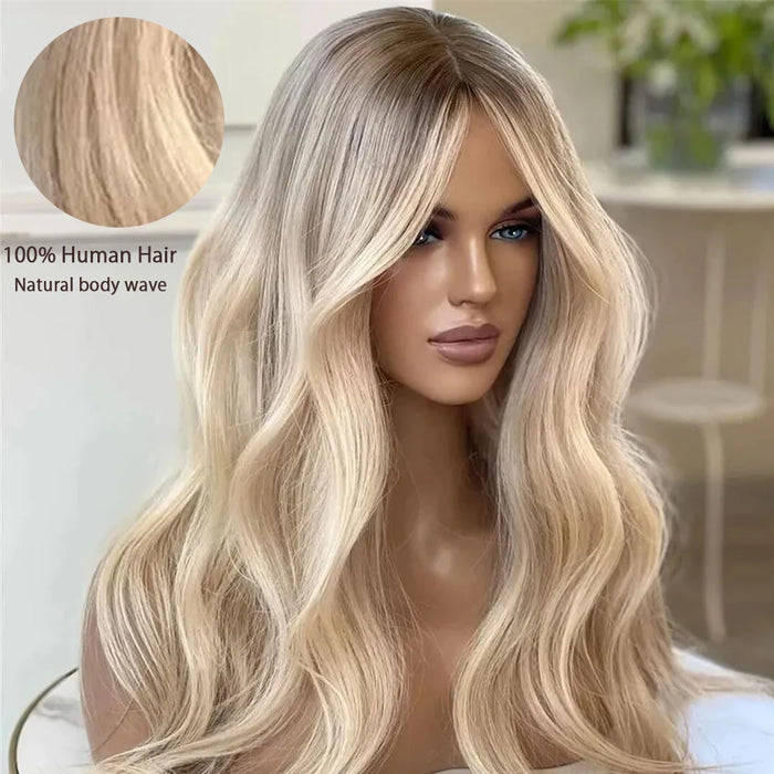 Perruque Moonlass Champagne Platinum Salon Hair, cheveux 100 % humains, ondulations naturelles, lace front 13x6, densité 180 %, lace transparente pré-épilée