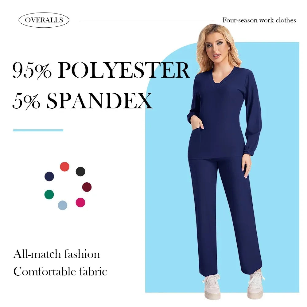 New Scrubs Nurse Uniforms Long Sleeve V-neck Top+Straight Pants Women Multicolor Nursing Scrubs Set Pet Doctor Medical Workwear