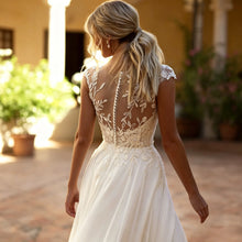 A Line Wedding Dress Cap Sleeve Sheer V Neck Leaf Lace Chiffon Side Split Pearl Button Back Sweep Train Custom Bridal Dress