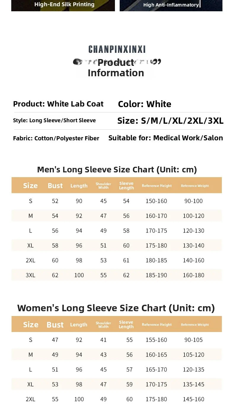 Long Sleeve White Lab Coat Work Uniform for Women Short Sleeve Summer Student Doctor Suit Male Lab Coat Isolation Gown