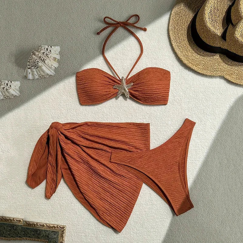 Brown Starfish Bandeau Bikini Set Three Piece Cover Up Women