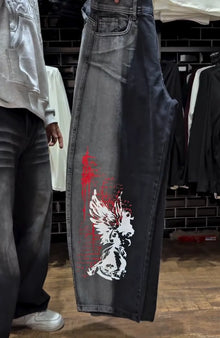 Y2k Vintage Washed Black Personalized Street Jeans Men Skateboarding Gothic Pattern Print Retro Denim Pants Loose Wide Leg Jeans