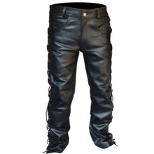 Pantalon de moto en cuir noir pour homme, style jean à lacets latéraux, pantalon en cuir épais