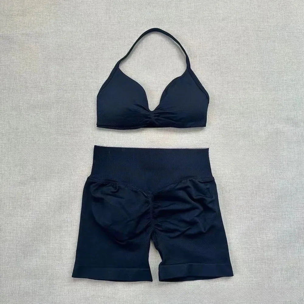 NO Logo Gym impact shorts set Strap Top Women's Long Line Strap Vest Pads Yoga Clothes Fitness Exercise Running Sports Clothes