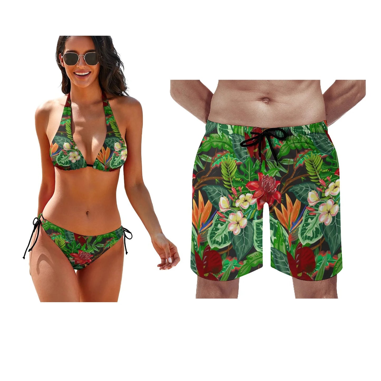 Polynesian Custom Bikini Beach Couple Set Push Up Swimwear with Chest Pad Strap Swimwear Beach Trousers Surfing Couple