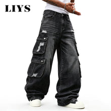 LIYS Men Retro Black Wash Multi Pocket Cargo Jeans Ripped Baggy Wide Leg Y2K Streetwear Denim Pants Tactical Loose Trousers