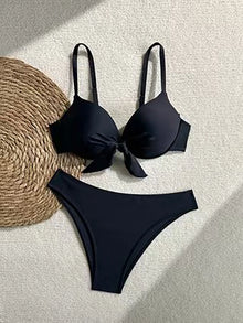 Lace Up Front Tie Bikini Set Push Up Mid Waist Swimwear