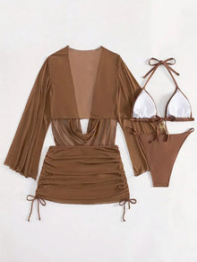 4 Piece Sexy Solid Color Bikini Set With Sheer Cover Up
