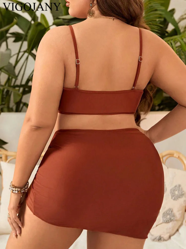 VigoJany 2025 Solid 3 Piece High Waist Skirt Plus Size Swimwear Women Strapped Push Up Swimsuit Backless Summer Bathing Suit