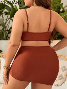 VigoJany 2025 Solid 3 Piece High Waist Skirt Plus Size Swimwear Women Strapped Push Up Swimsuit Backless Summer Bathing Suit