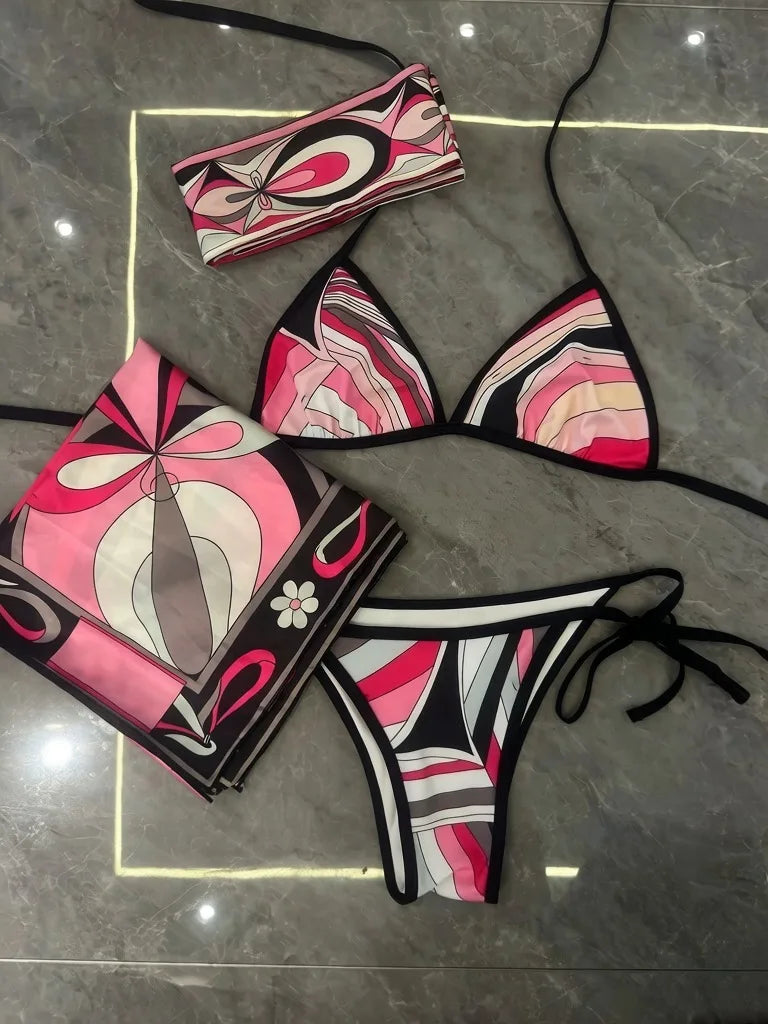 2026 Fashion Design Women's Red Scarf Sling Swimsuits Classic Brand Lady Scarf Bikini Sets with Letter Signature Logo
