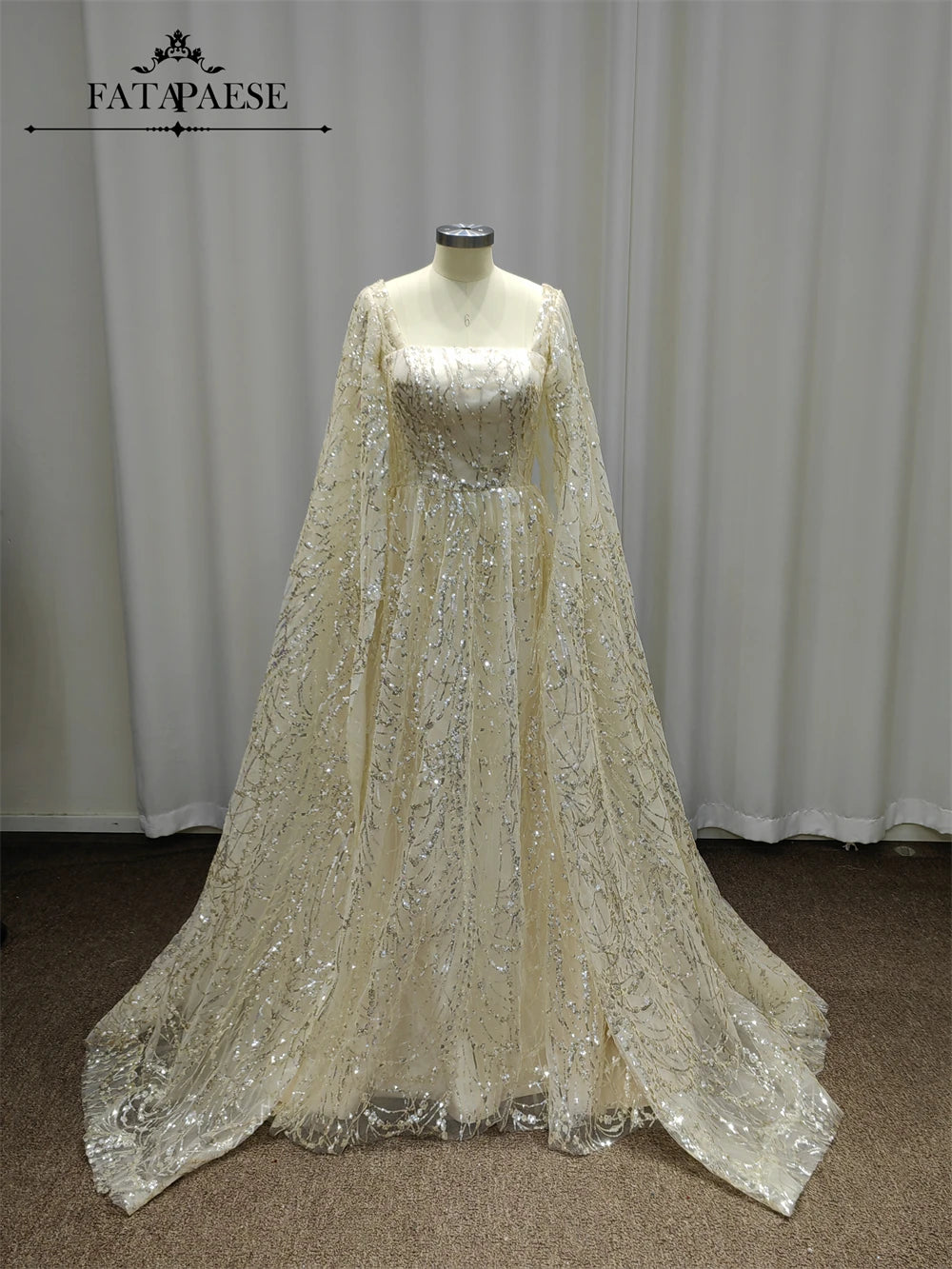 FATAPAESE Luxury Beads Sequins Cape Evening Dresses Champagne A Line Tulle Wedding Guest Dress for Arabic Dubai Saudi